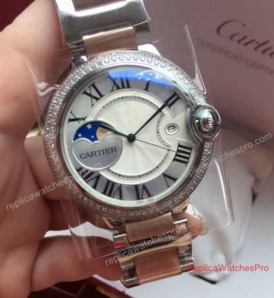 Knockoff Cartier Ballon Bleu Moonphase Watch SS Diamond Bezel